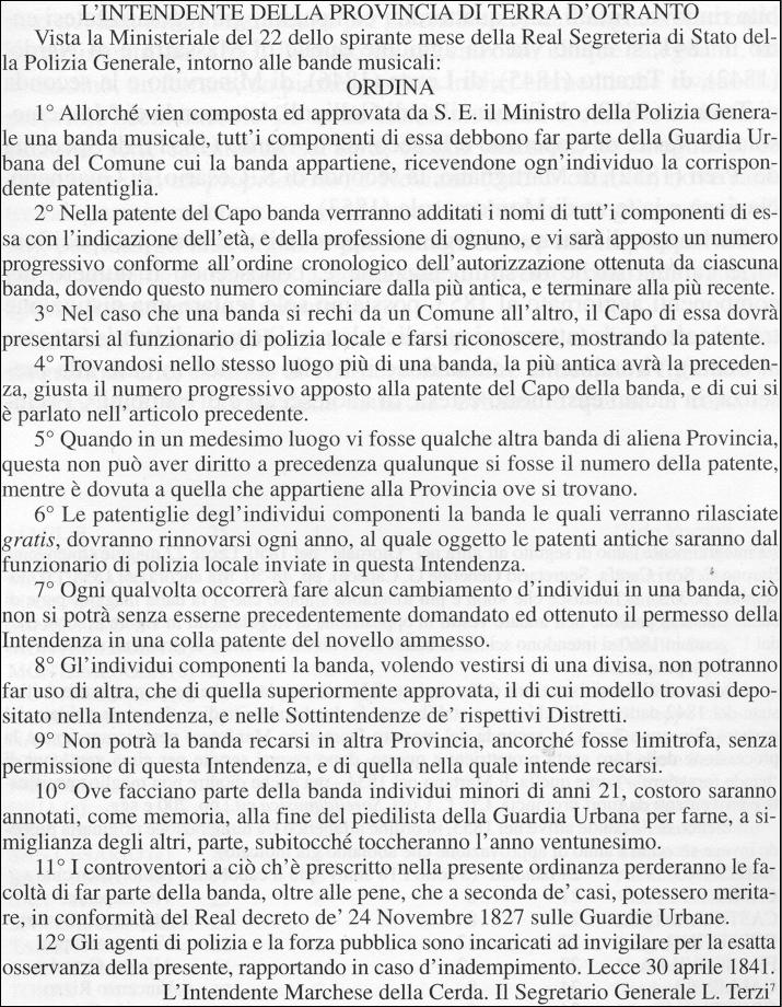 TESTO DELL'ORDINANZA PUBBLICATA SUL GIORNALE D'INTENDENZA DI TERRA D'OTRANTO